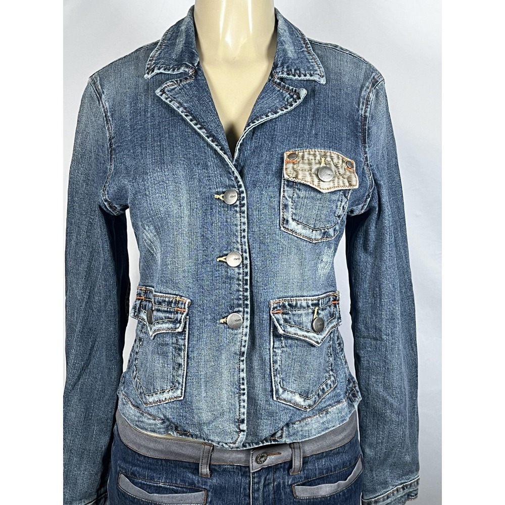 Vigoss Jeans Jacket Womens Medium Blue Denim Belted Utility Pockets Fitted